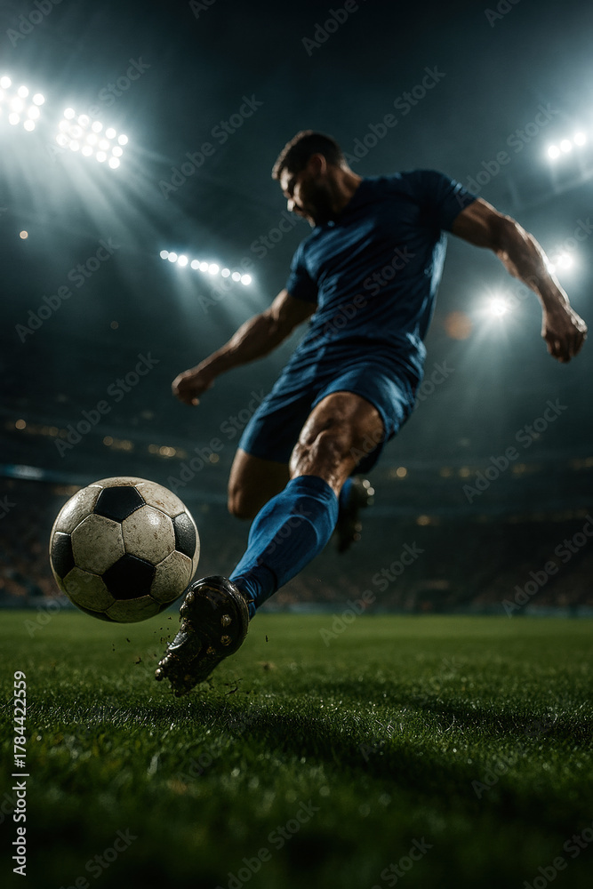 Naklejka premium Soccer player in a blue uniform kicking a ball on a grass field under bright stadium floodlights at night