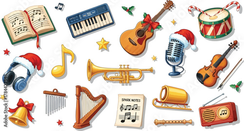 Christmas music instruments, including sheet music, keyboard, guitar, drum, microphone, violin, trumpet and harp
