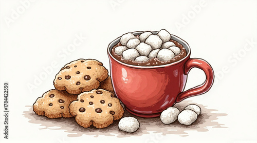 Indulge in warm, comforting hot chocolate topped with fluffy marshmallows alongside delicious chocolate chip cookies, perfect for cozy moments.