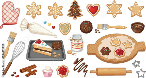 Festive baking scene featuring gingerbread cookies, cake, and various baking tools for a delightful holiday treat