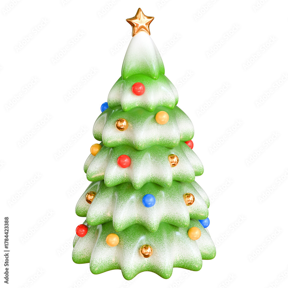 Fototapeta premium Stylized green Christmas tree with glossy colorful balls and snow frost. Concept of Christmas decoration and New Year. Isolated on transparent background. 3D render, minimalistic illustration