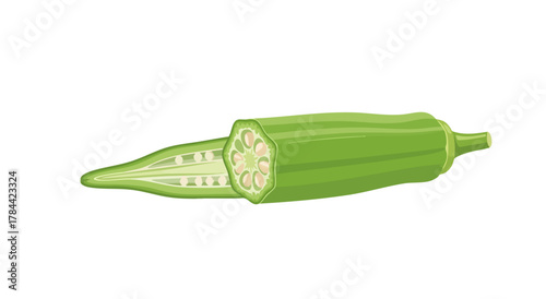 A sliced green okra pod with visible seeds, depicted with a clean and minimalistic design