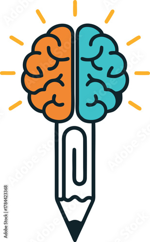 Illustration of a stylized brain split into two halves, one orange and one teal, emerging from the top of a pencil with a paperclip inside.
