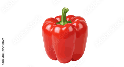 A single, glossy red bell pepper with green stem isolated on a stark white background