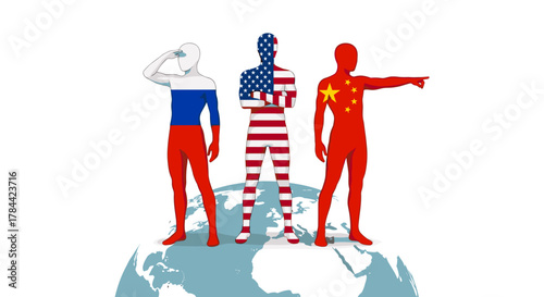 Geopolitical concept of world powers Russia, USA, and China represented by figures on a globe showing global competition and influence