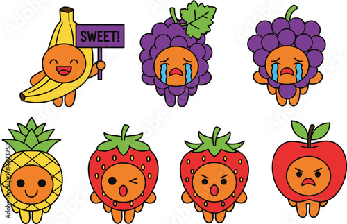 Cartoon fruit characters with emotions, banana grape pineapple strawberry apple illustration, cute anthropomorphic food, funny expressions, kids educational design, vector art