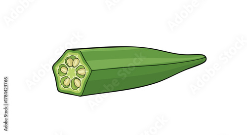 A vibrant, green okra pod, cut to reveal seeds, sits against a clean white background