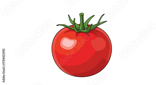 A vibrant, cartoon-style tomato on a white background, featuring green stem and leaves