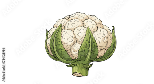 A detailed illustration of a cauliflower head, with green leaves, and white background
