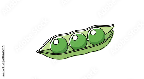 A line drawing of three green peas nestled inside a pod, isolated on white