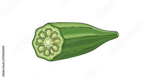 A halved, green okra pod, showing the internal seed chambers, on a plain white backdrop