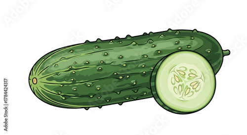 A detailed cartoon illustration of a whole cucumber with a single slice next to it