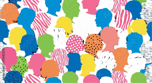 Diverse colorful silhouettes of people profiles representing community, crowd, and social identity