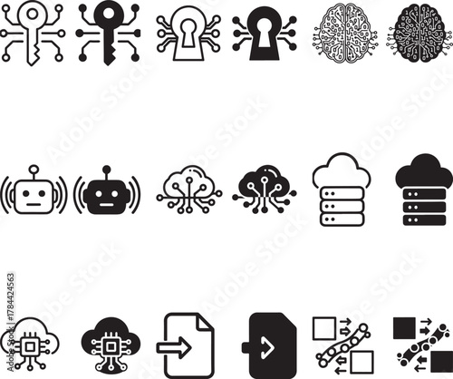 Digital Transformation line and silhouette icon set related to digitalization, digital services, internet, cloud computing, technology vector illustration on white background