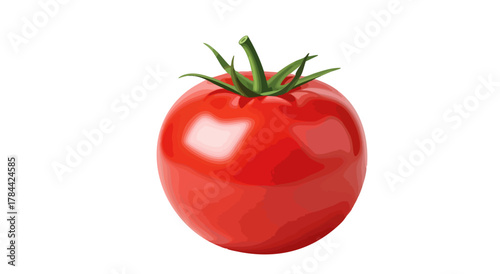 A vibrant, detailed illustration of a ripe red tomato with green stem and leaves