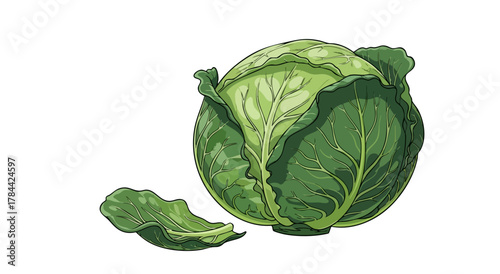 A vibrant illustration of a round green cabbage with a single detached leaf