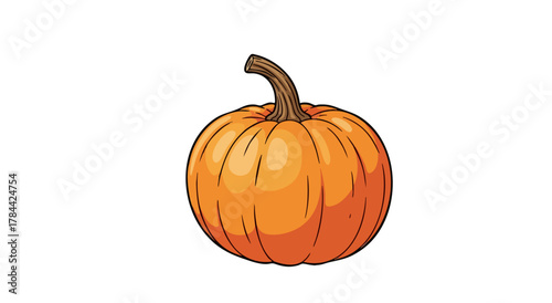A vibrant orange pumpkin illustration against a white background with a dark brown stem