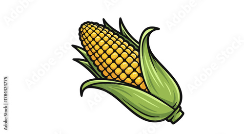 Vibrant illustration of a corn ear with golden kernels and green husks on white background