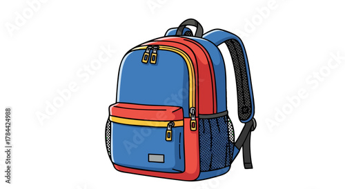 Colorful cartoon backpack with multiple compartments and zippers, in a simplistic style