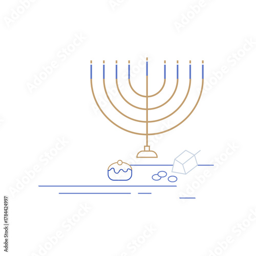 Hanukkah menorah and traditional icons in simple line minimal style. Jewish donuts , dreidel game and oil jag.