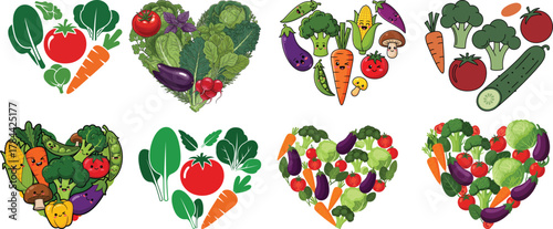 Heart Shaped Vegetables Healthy Food Cartoon Vector Illustration Set