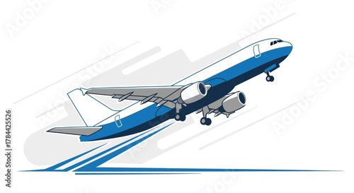An illustration of a blue and white passenger airplane taking off, ascending into the sky with motion lines.