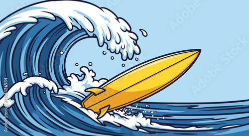 Illustration of a yellow surfboard riding a large blue ocean wave with white foam.