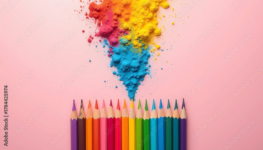 Obraz premium Vibrant Explosion of Color From Pencils Concept Creative Colorful Rainbow Hue Powder Vivid Pigment Education Inspiration