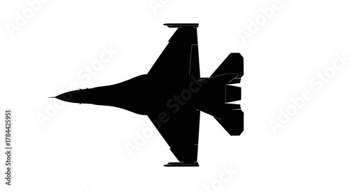 A black silhouette of a modern military fighter jet viewed from directly above on a white background.