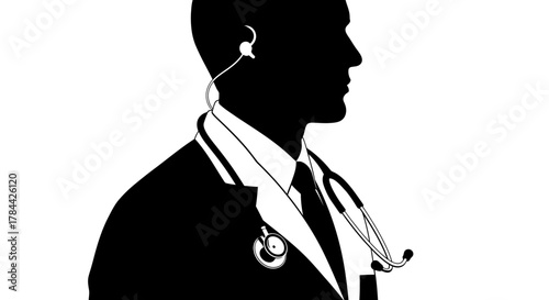 Silhouette of a doctor wearing a stethoscope and an earpiece, side profile view.