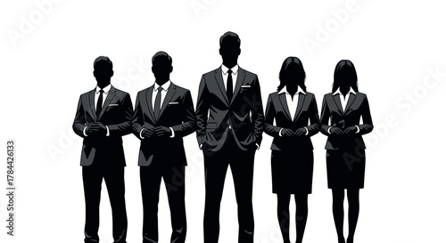Silhouettes of a diverse business team standing together in formal attire against a white background.