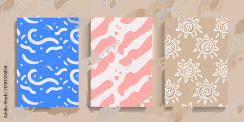 Three patterned panels displaying abstract designs in blue pink and brown color palettes together neatly created with generated ai