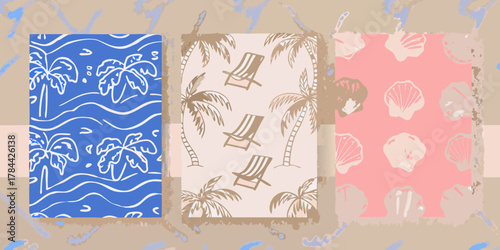 Three patterned summer themed cards hanging with beach chairs palm trees and seashells displayed created with generated ai