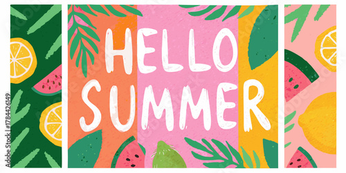 Illustration featuring hello summer text with lemons, watermelons, and leaves on colorful backgrounds created with generated ai