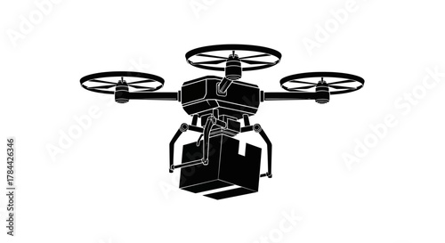 A black and white illustration of a drone carrying a package, symbolizing delivery services.