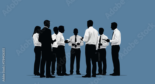 Silhouettes of business professionals in a group discussion or meeting on a blue background.