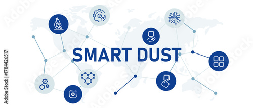 Smart Dust concept banner vector illustration network of micro sensors chips and mechanical gears connected by data lines miniaturization nanotechnology ubiquitous computing