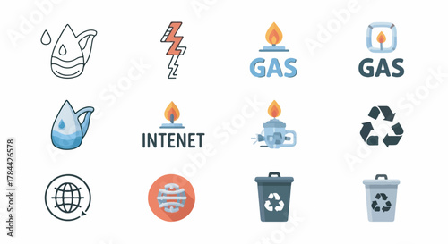 Collection of icons representing essential utilities and services like water, electricity, gas, and internet.