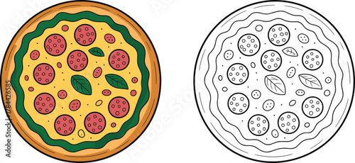 Pizza illustration, colored food vector, black and white outline, pepperoni slice drawing, coloring page, cartoon meal artwork, stock design