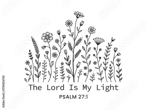 Black and white line art floral design with bible verse psalm christian