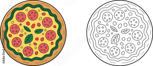 Pizza illustration, food vector artwork, pepperoni slice drawing, cheese topping design, outline coloring page, kids activity, cartoon meal sketch, educational art
