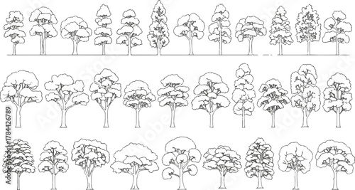 Isolated a kinds of deferent silhouette sculpture tree line drawing, Side view, set of graphics trees elements outline symbol for architecture and landscape design drawing. vector art .