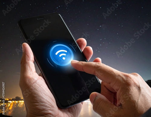 mobile phone in hand, mobile phone in hands, read hand gestures or movements, send the data to a computer via Bluetooth, wifi 3d, wifi symbol, 