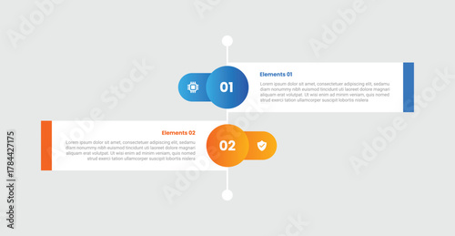 2 points comparison versus infographic with gradient style with long rectangle box with flag style on vertical stacked with 2 elements stages