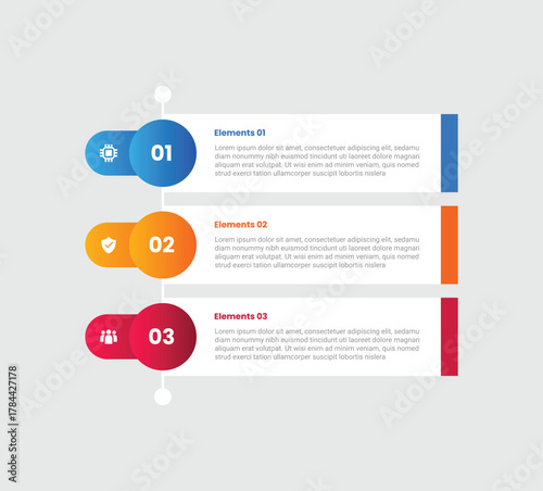 3 points infographic with gradient style with flag style with circle badge on vertical stacked list with 3 elements stages