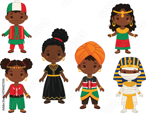 Children in traditional cultural clothing, diversity illustration, multicultural kids costume, ethnic heritage outfits, global unity, cartoon characters, international attire, celebration