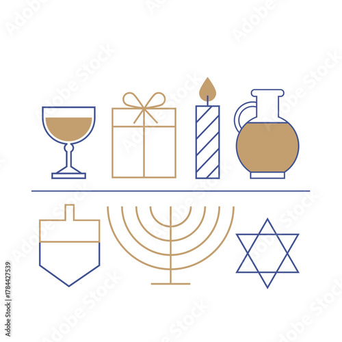 Hanukkah menorah and traditional icons in simple line minimal style. Jewish donuts , dreidel game and oil jag.