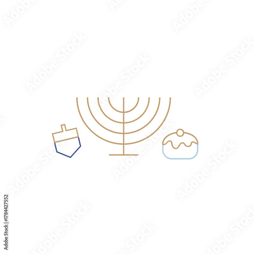 Hanukkah menorah and traditional icons in simple line minimal style. Jewish donuts , dreidel game and oil jag.