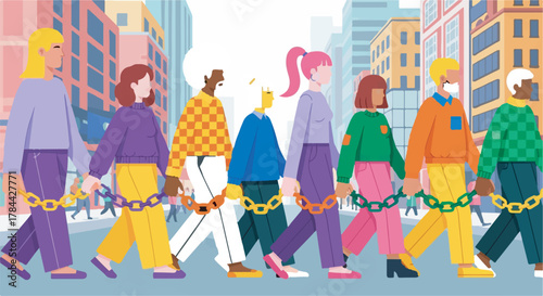 Diverse people chained together walking through city streets symbolizing social constraint and collective burdens