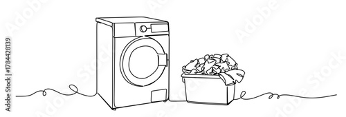 Continuous line drawing of a modern washing machine and laundry basket vector illustration vector